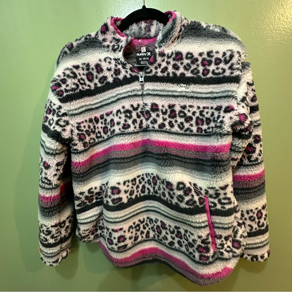 Hurley Leopard Print Fleece Jacket In Pink And Gray